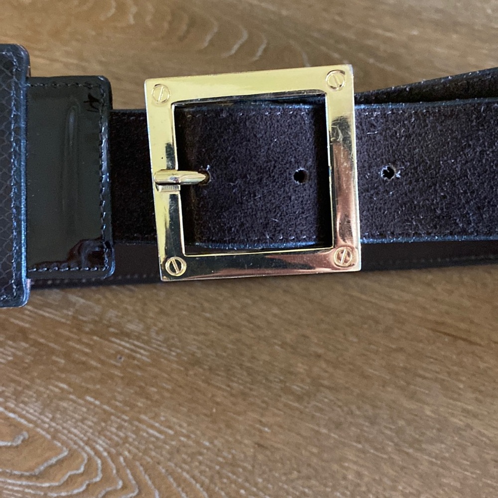 Women’s Dark Brown Suede Belt with Gold Square Buckle